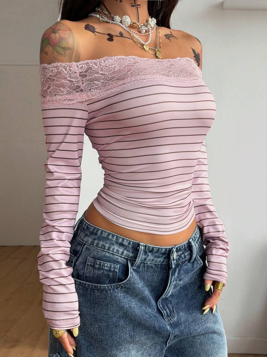 Coolane Women's Winter Streetwear Basic Casual Y2K Rib Knit Witchy Goth Music Festival  Lace Patchwork Off The Shoulder Warm/ Cold Weather/ Thermal Long Sleeve Black Top