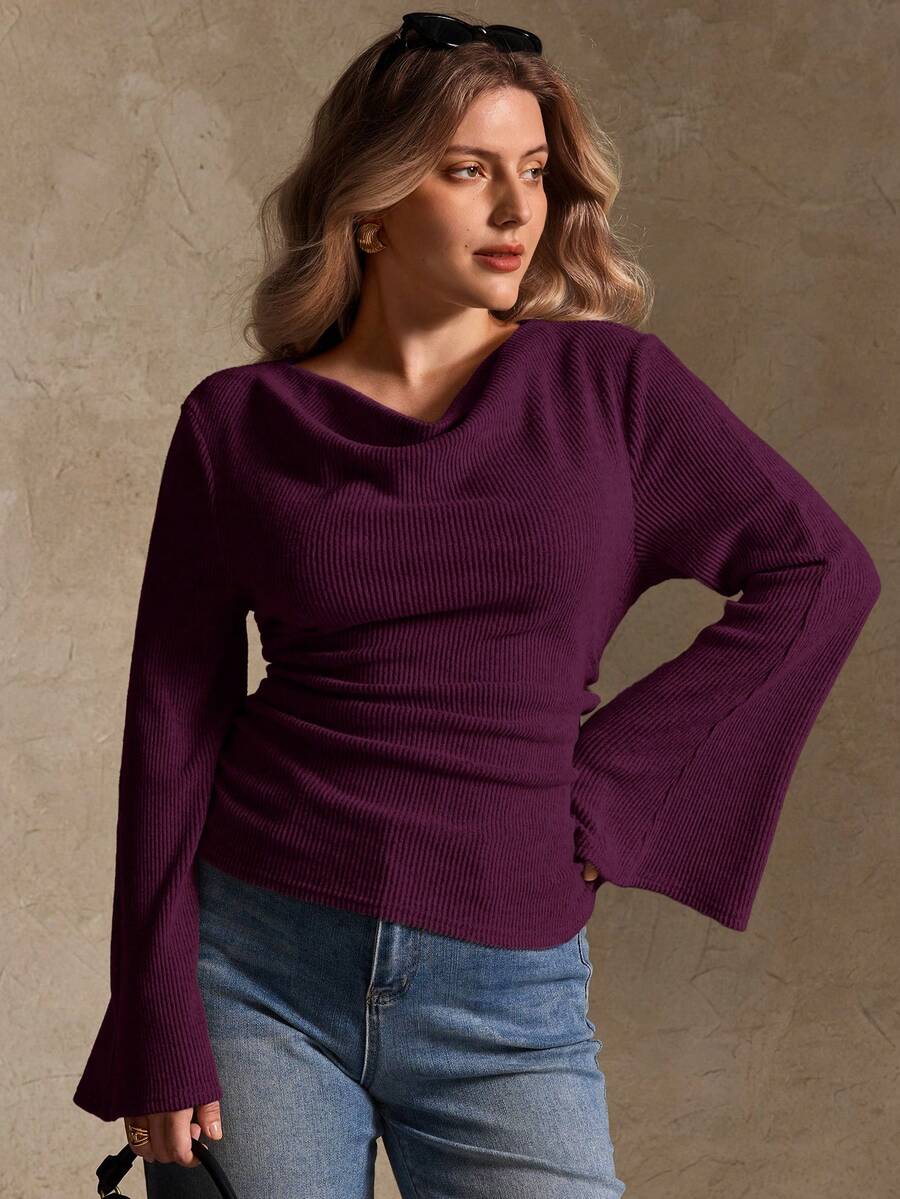 Elegantrix Plus Size Women Loose Collar Flare Sleeve Gathered Waist Ruched Chiffon Knit Casual Top, Autumn/Winter
