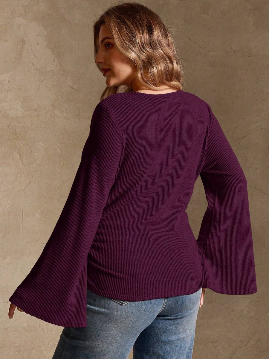 Elegantrix Plus Size Women Loose Collar Flare Sleeve Gathered Waist Ruched Chiffon Knit Casual Top, Autumn/Winter