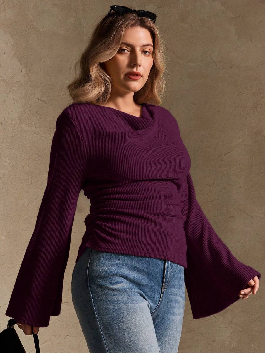Elegantrix Plus Size Women Loose Collar Flare Sleeve Gathered Waist Ruched Chiffon Knit Casual Top, Autumn/Winter