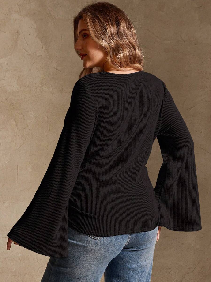 Elegantrix Plus Size Women Loose Collar Flare Sleeve Gathered Waist Ruched Chiffon Knit Casual Top, Autumn/Winter