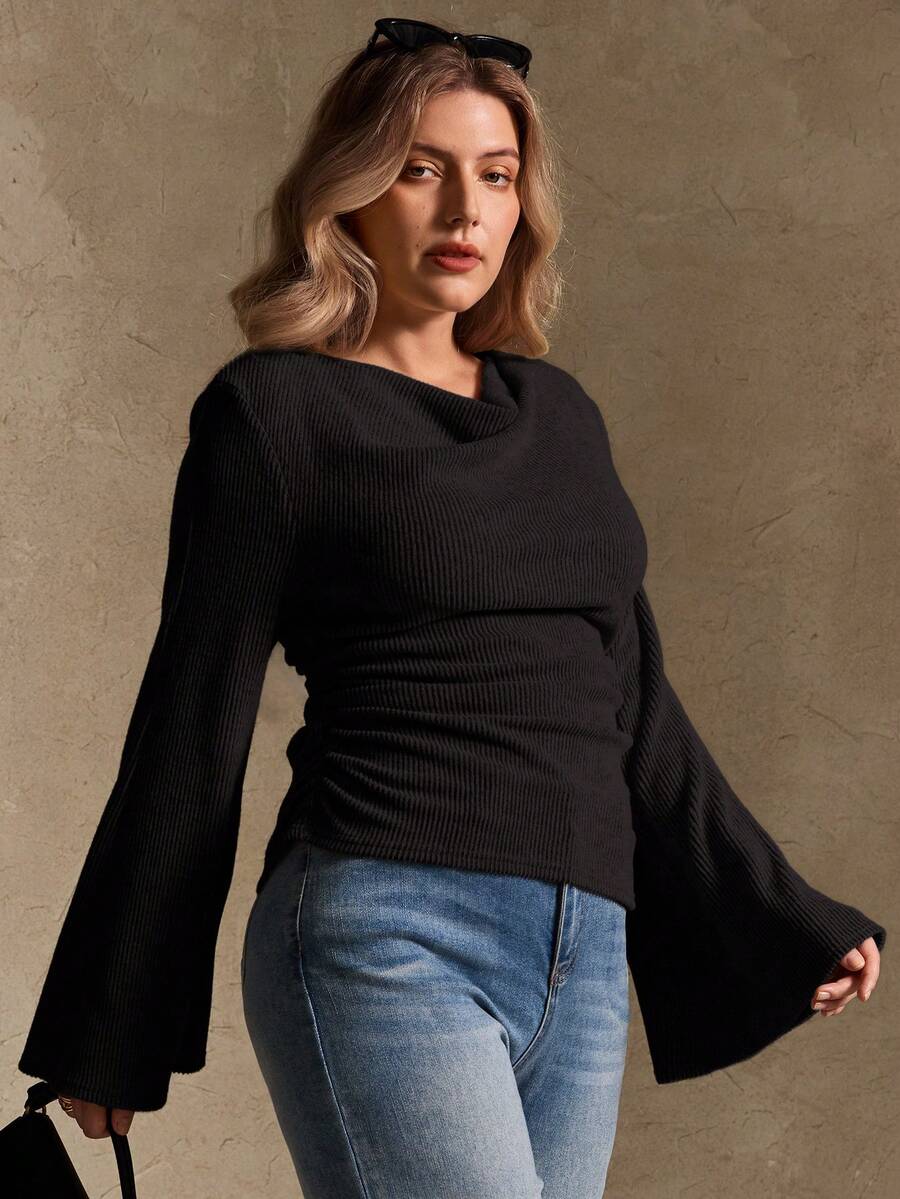 Elegantrix Plus Size Women Loose Collar Flare Sleeve Gathered Waist Ruched Chiffon Knit Casual Top, Autumn/Winter