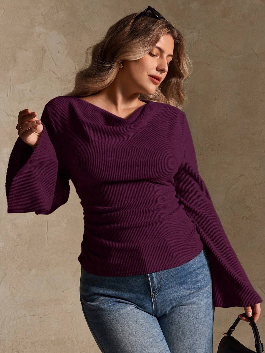Elegantrix Plus Size Women Loose Collar Flare Sleeve Gathered Waist Ruched Chiffon Knit Casual Top, Autumn/Winter