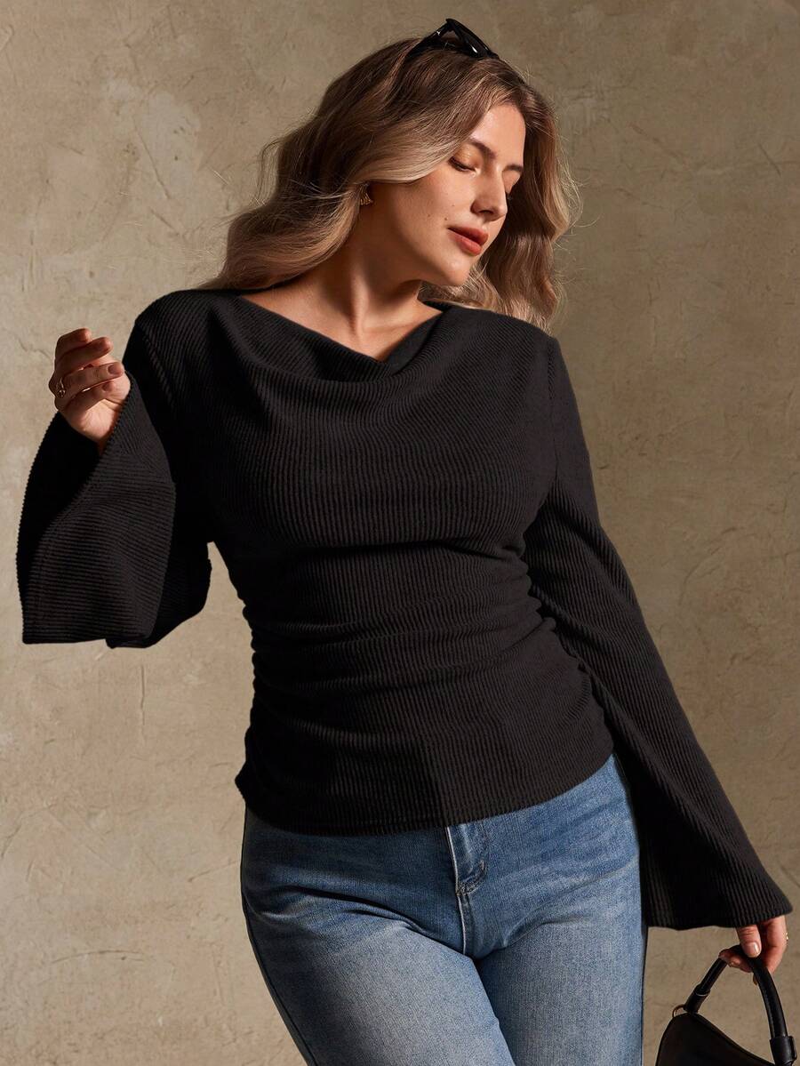 Elegantrix Plus Size Women Loose Collar Flare Sleeve Gathered Waist Ruched Chiffon Knit Casual Top, Autumn/Winter