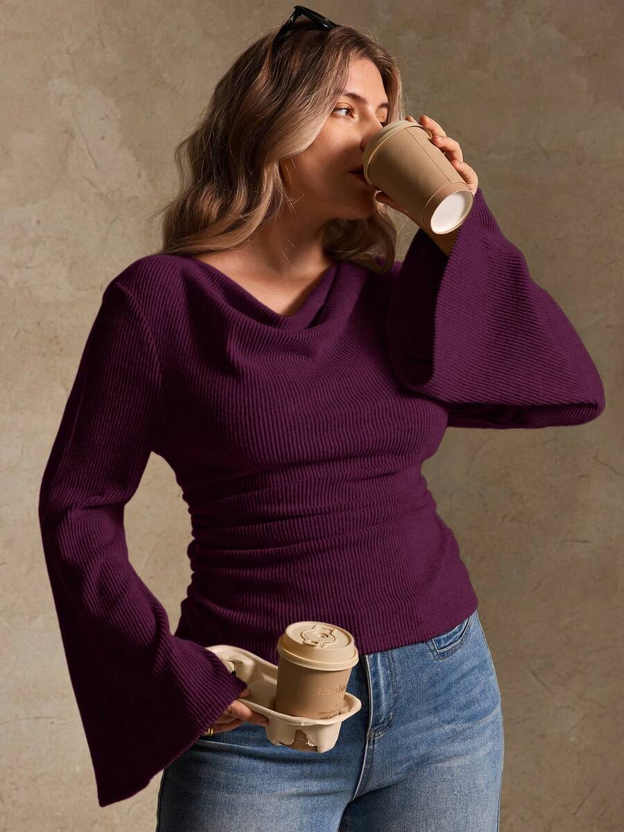 Elegantrix Plus Size Women Loose Collar Flare Sleeve Gathered Waist Ruched Chiffon Knit Casual Top, Autumn/Winter