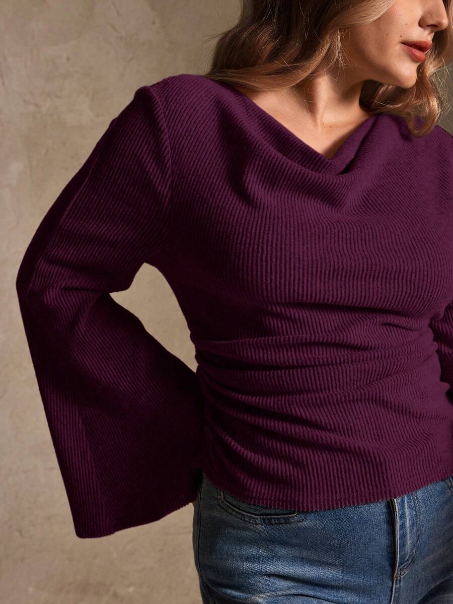 Elegantrix Plus Size Women Loose Collar Flare Sleeve Gathered Waist Ruched Chiffon Knit Casual Top, Autumn/Winter