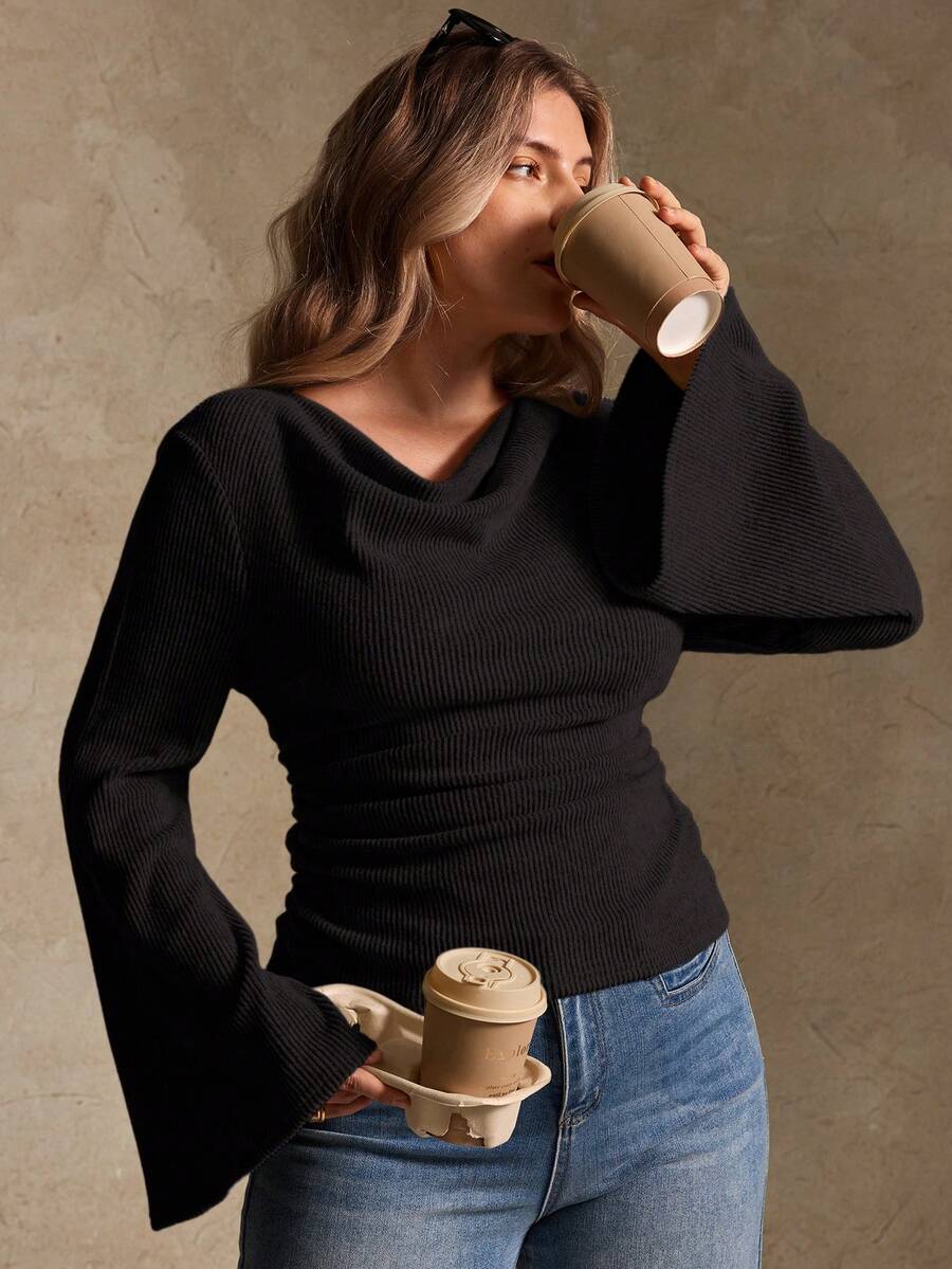 Elegantrix Plus Size Women Loose Collar Flare Sleeve Gathered Waist Ruched Chiffon Knit Casual Top, Autumn/Winter
