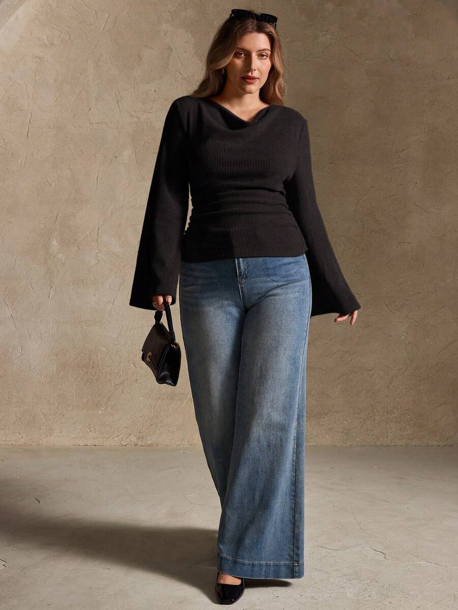 Elegantrix Plus Size Women Loose Collar Flare Sleeve Gathered Waist Ruched Chiffon Knit Casual Top, Autumn/Winter