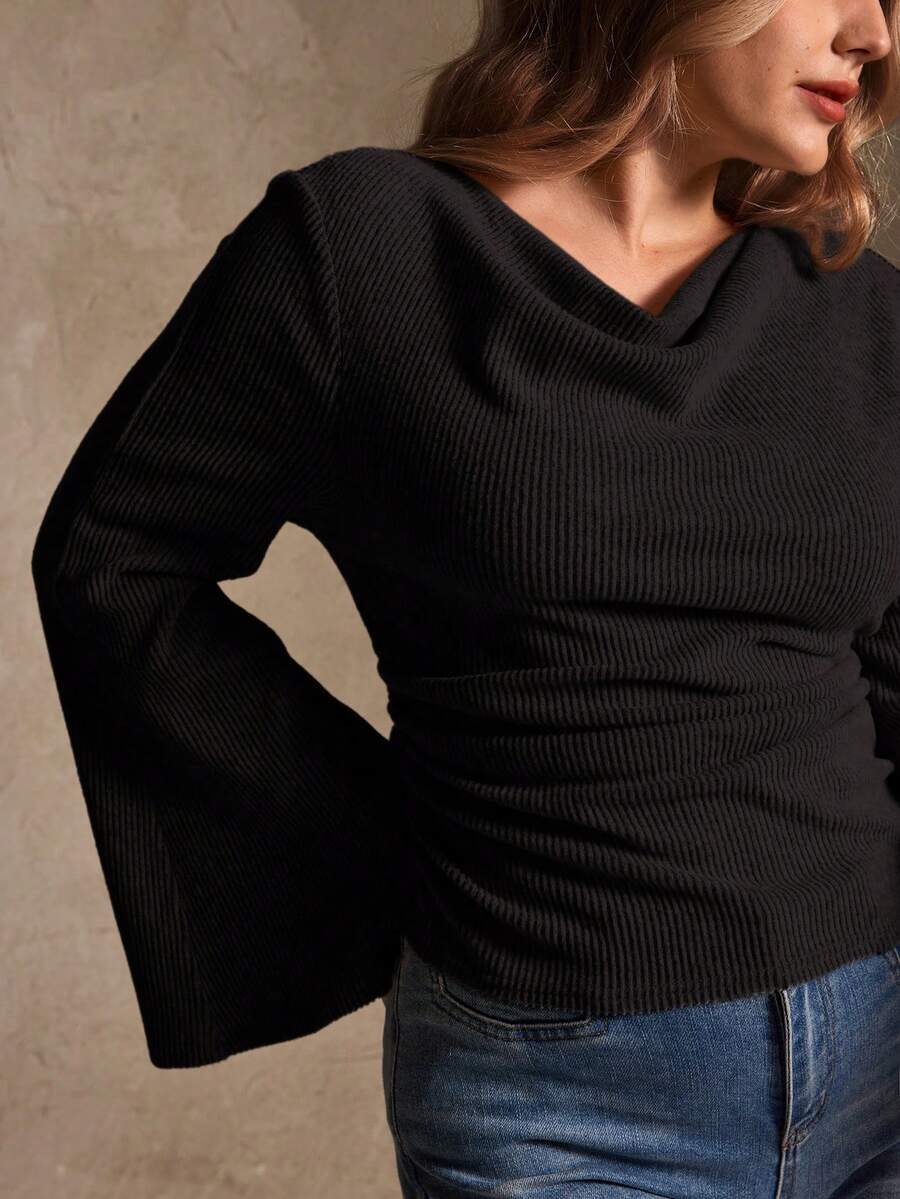 Elegantrix Plus Size Women Loose Collar Flare Sleeve Gathered Waist Ruched Chiffon Knit Casual Top, Autumn/Winter