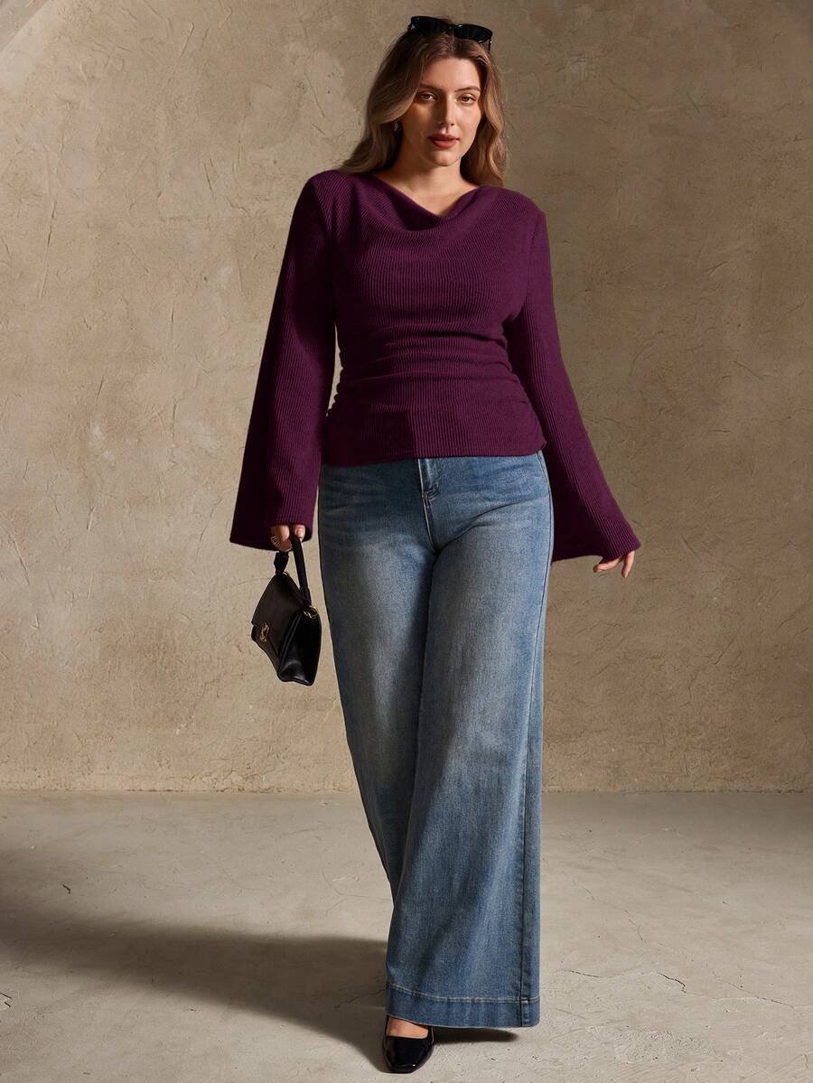 Elegantrix Plus Size Women Loose Collar Flare Sleeve Gathered Waist Ruched Chiffon Knit Casual Top, Autumn/Winter