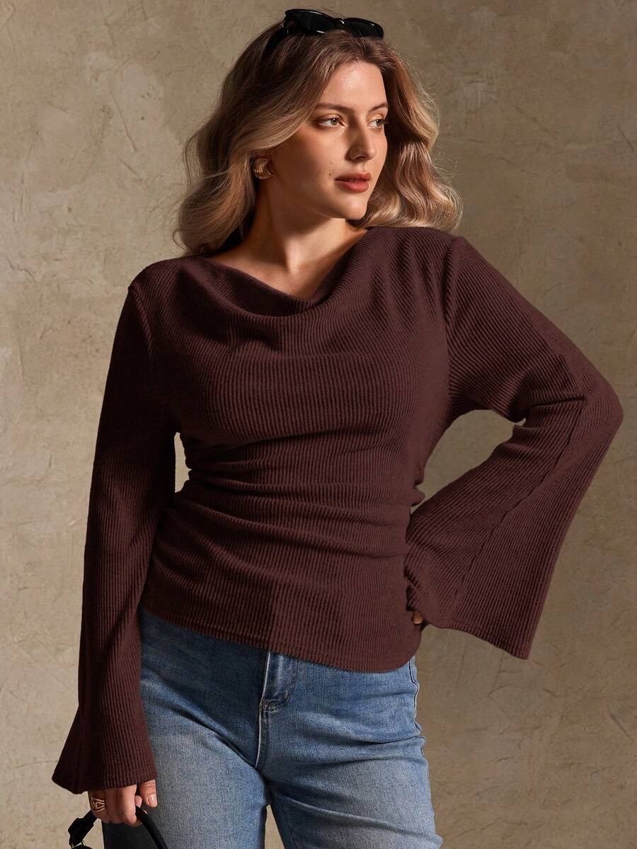 Elegantrix Plus Size Women Loose Collar Flare Sleeve Gathered Waist Ruched Chiffon Knit Casual Top, Autumn/Winter