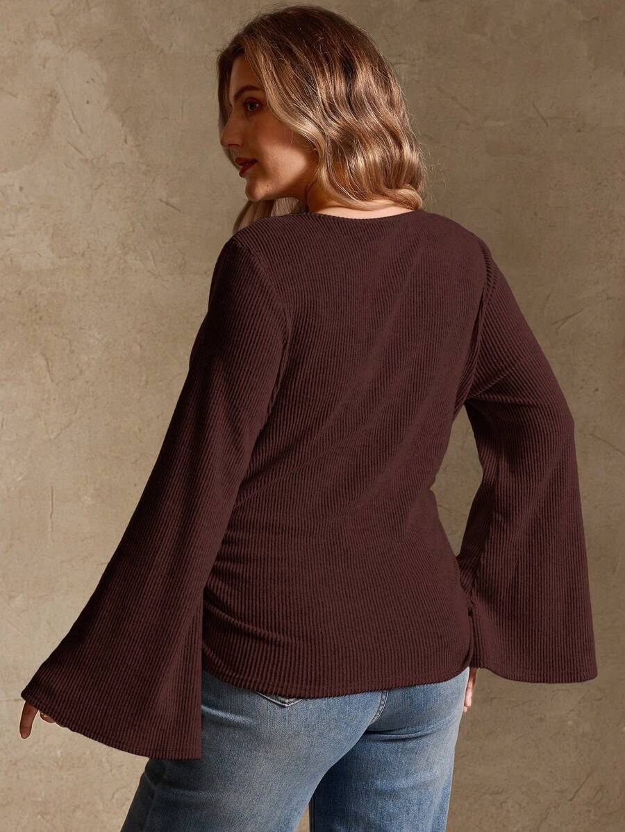 Elegantrix Plus Size Women Loose Collar Flare Sleeve Gathered Waist Ruched Chiffon Knit Casual Top, Autumn/Winter
