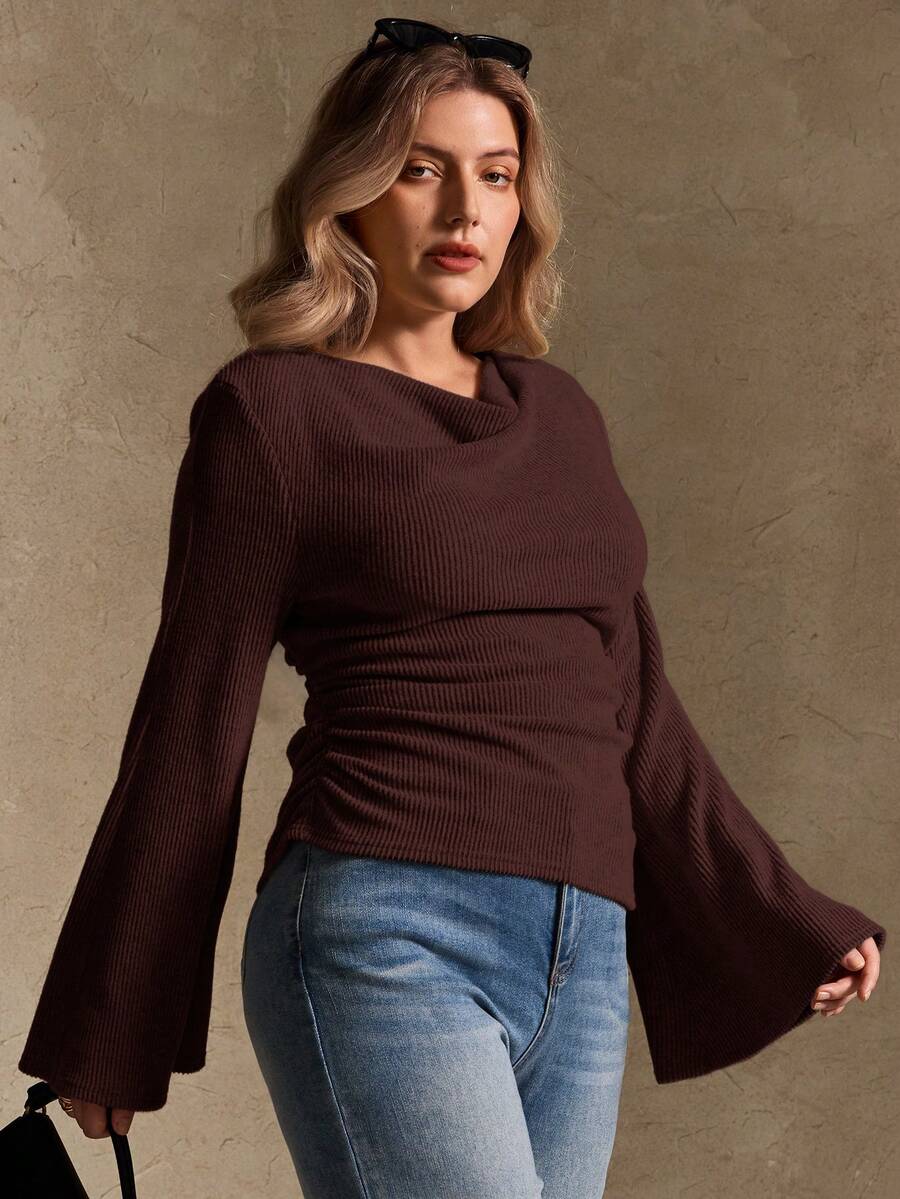 Elegantrix Plus Size Women Loose Collar Flare Sleeve Gathered Waist Ruched Chiffon Knit Casual Top, Autumn/Winter