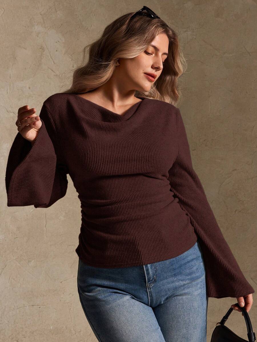 Elegantrix Plus Size Women Loose Collar Flare Sleeve Gathered Waist Ruched Chiffon Knit Casual Top, Autumn/Winter