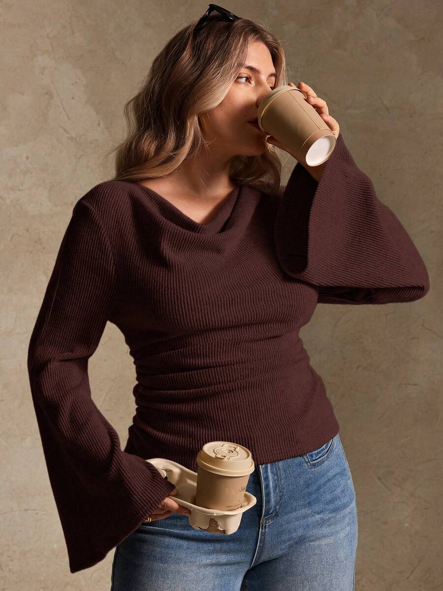 Elegantrix Plus Size Women Loose Collar Flare Sleeve Gathered Waist Ruched Chiffon Knit Casual Top, Autumn/Winter