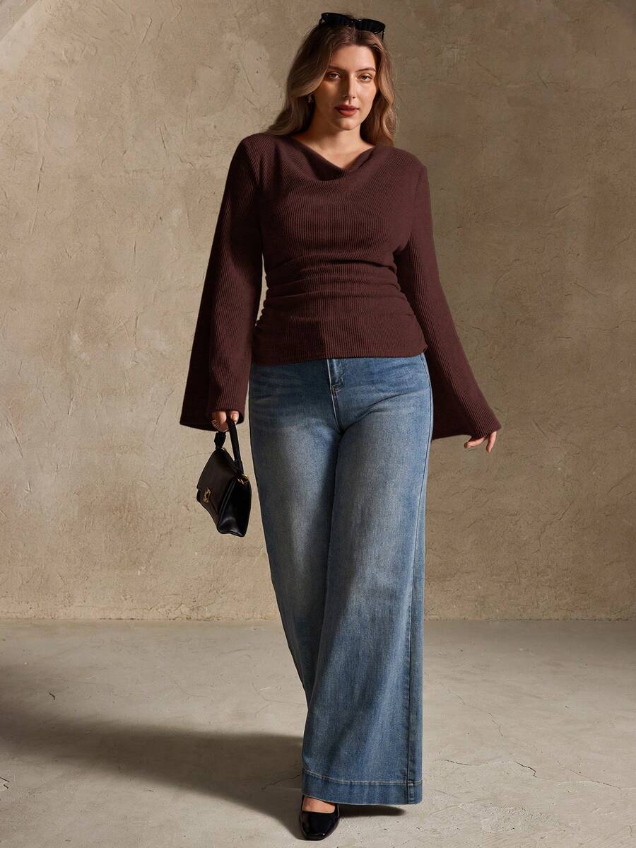 Elegantrix Plus Size Women Loose Collar Flare Sleeve Gathered Waist Ruched Chiffon Knit Casual Top, Autumn/Winter