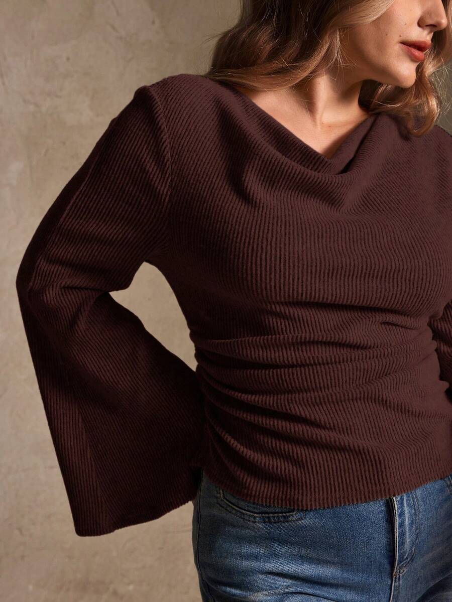 Elegantrix Plus Size Women Loose Collar Flare Sleeve Gathered Waist Ruched Chiffon Knit Casual Top, Autumn/Winter