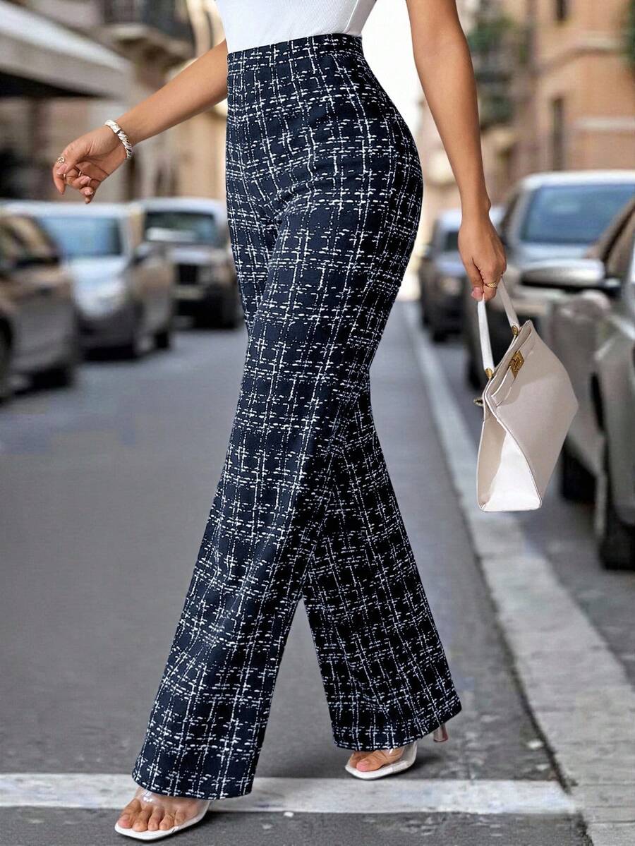 SHEIN Clasi Summer Elegant Women's Plaid Printed Elastic Knitted Pants, Suitable For Various Occasions, Suitable For Summer Vacation, Elegant Travel, And Daily Commuting Business Casual Woman