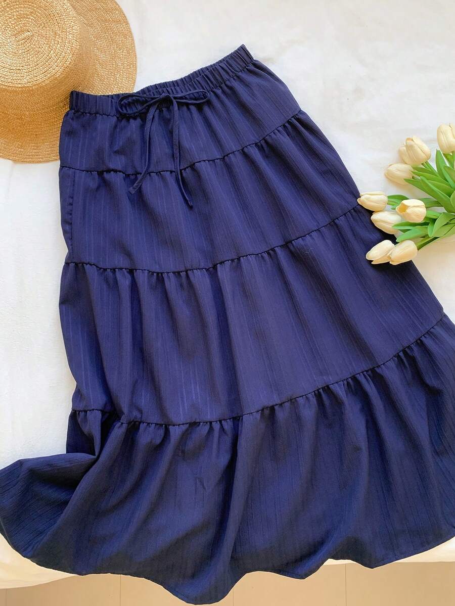 MainGRL Women Solid Color High Waist Tie Ruffled Hem Maxi Skirt