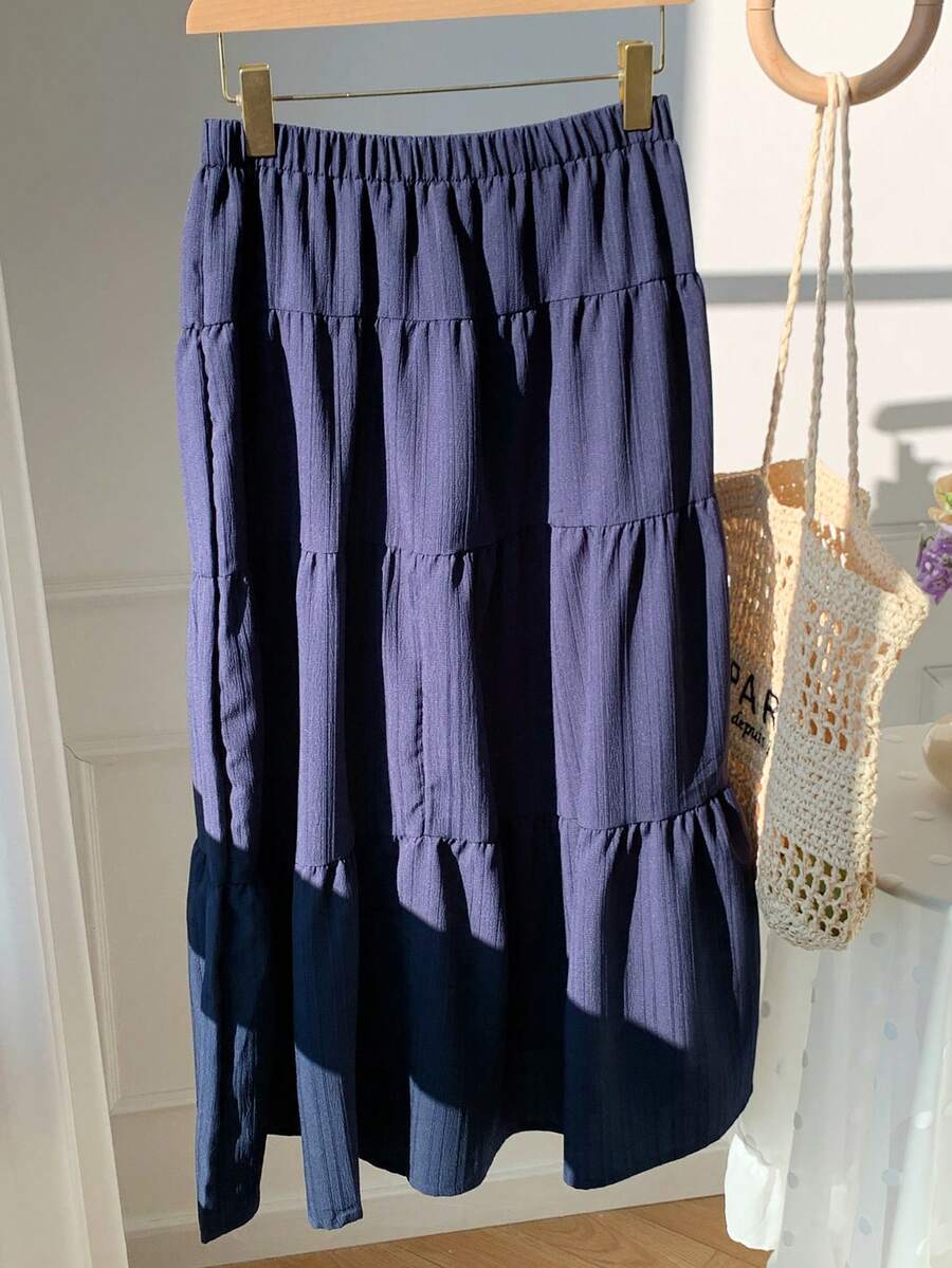 MainGRL Women Solid Color High Waist Tie Ruffled Hem Maxi Skirt