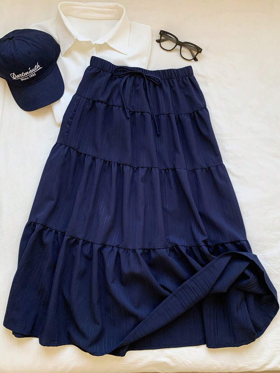 MainGRL Women Solid Color High Waist Tie Ruffled Hem Maxi Skirt