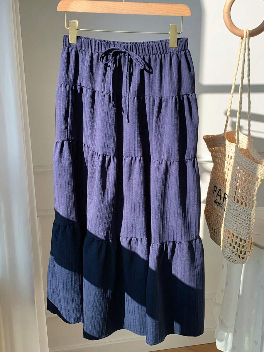 MainGRL Women Solid Color High Waist Tie Ruffled Hem Maxi Skirt