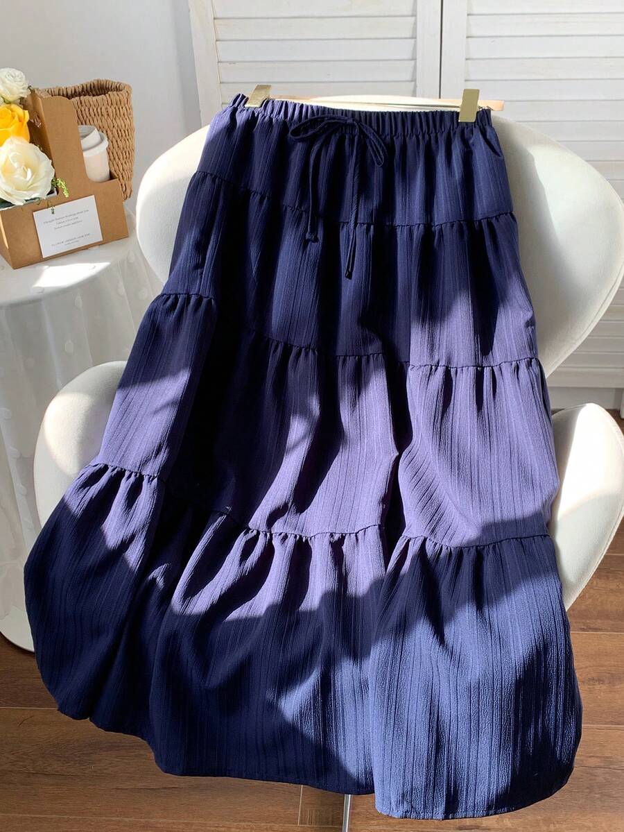 MainGRL Women Solid Color High Waist Tie Ruffled Hem Maxi Skirt
