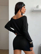 Coolane Women's Fall Y2K Basic Daily Wear Casual Black Knit Asymmetrical Shoulder Batwing Sleeve Beltless Mini Dress
