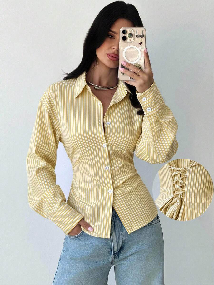 Firerie Women's Blue And White Striped Long Sleeve Shirt, Tie-Waist Shirt, Casual Commuter Shirt, Vacation Shirt, Cinched Waist Striped Shirt, Suitable For Spring, Summer, Autumn And Winter, Elegant, Vacation, Bohemian, Work Attire