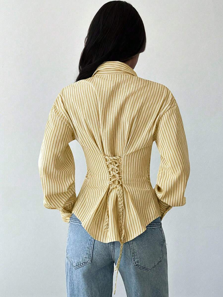 Firerie Women's Blue And White Striped Long Sleeve Shirt, Tie-Waist Shirt, Casual Commuter Shirt, Vacation Shirt, Cinched Waist Striped Shirt, Suitable For Spring, Summer, Autumn And Winter, Elegant, Vacation, Bohemian, Work Attire