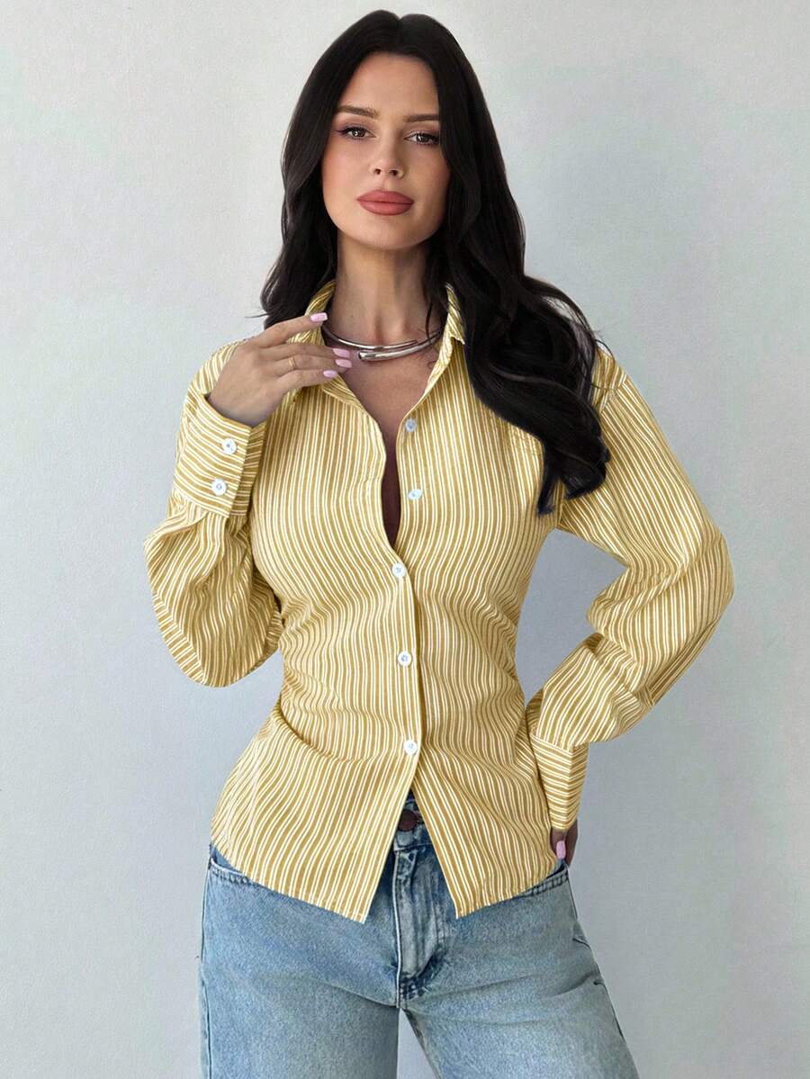 Firerie Women's Blue And White Striped Long Sleeve Shirt, Tie-Waist Shirt, Casual Commuter Shirt, Vacation Shirt, Cinched Waist Striped Shirt, Suitable For Spring, Summer, Autumn And Winter, Elegant, Vacation, Bohemian, Work Attire