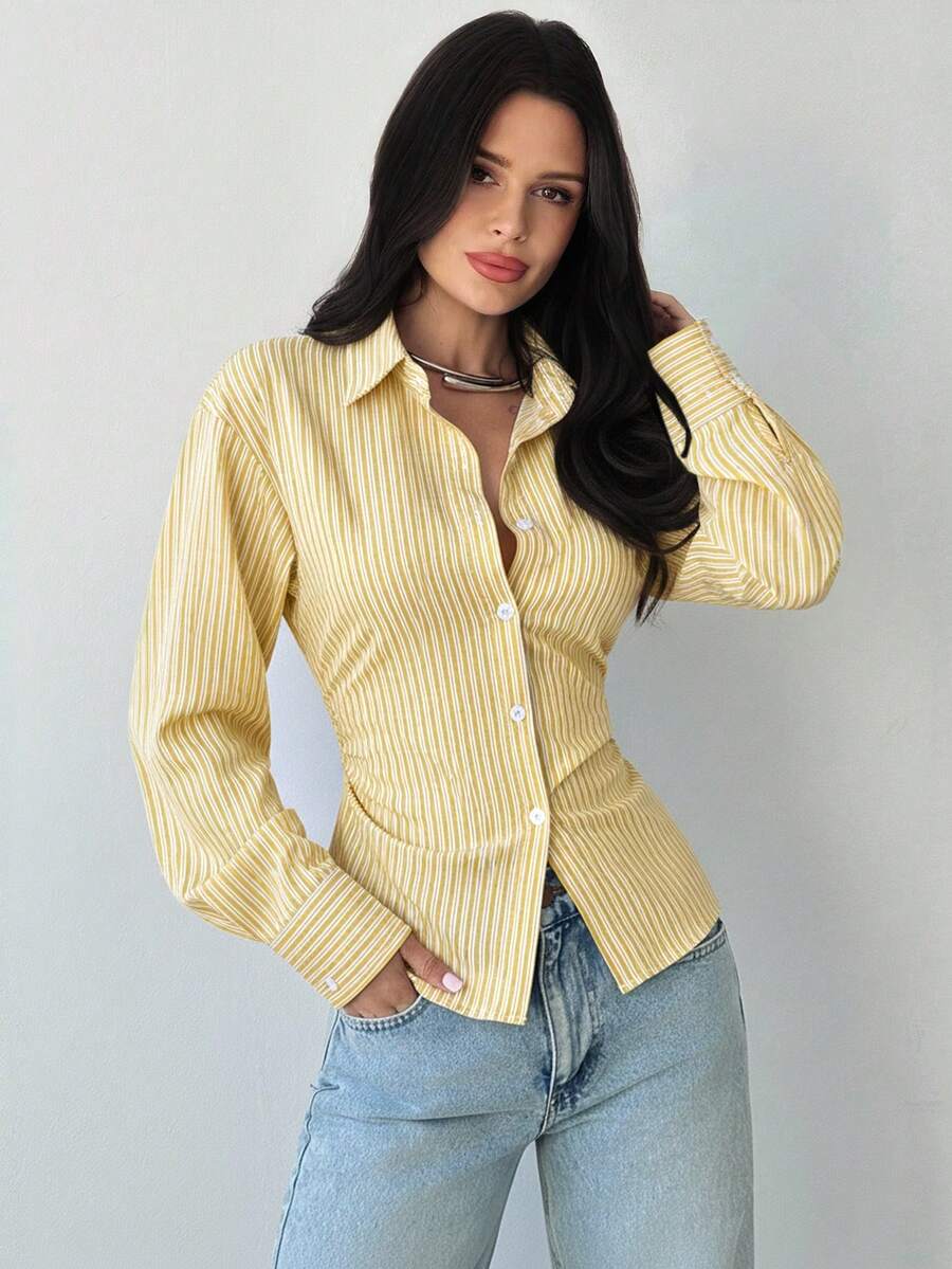 Firerie Women's Blue And White Striped Long Sleeve Shirt, Tie-Waist Shirt, Casual Commuter Shirt, Vacation Shirt, Cinched Waist Striped Shirt, Suitable For Spring, Summer, Autumn And Winter, Elegant, Vacation, Bohemian, Work Attire