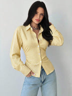 Firerie Women's Blue And White Striped Long Sleeve Shirt, Tie-Waist Shirt, Casual Commuter Shirt, Vacation Shirt, Cinched Waist Striped Shirt, Suitable For Spring, Summer, Autumn And Winter, Elegant, Vacation, Bohemian, Work Attire