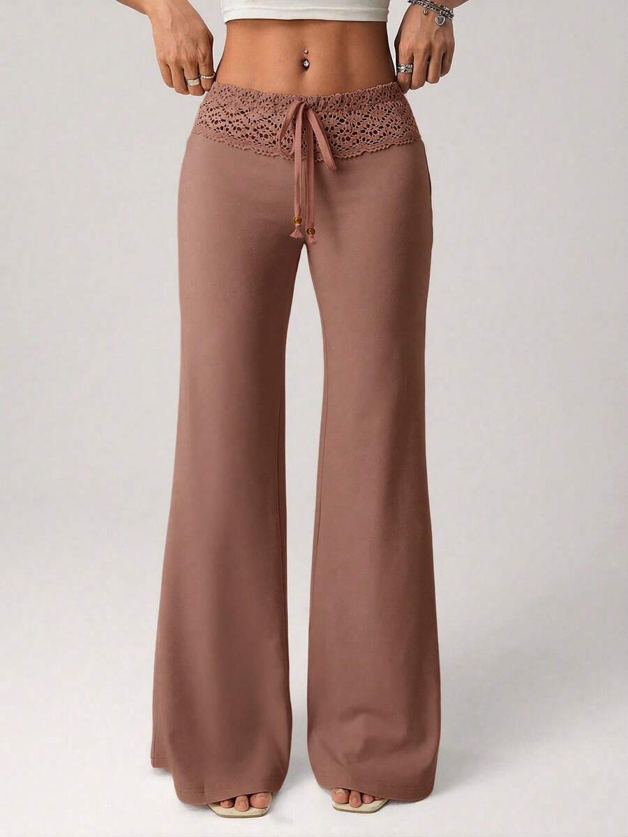 SHEIN ICON Women's White Knit Waistband With Beaded Drawstring Straight Loose Casual Resort Pants