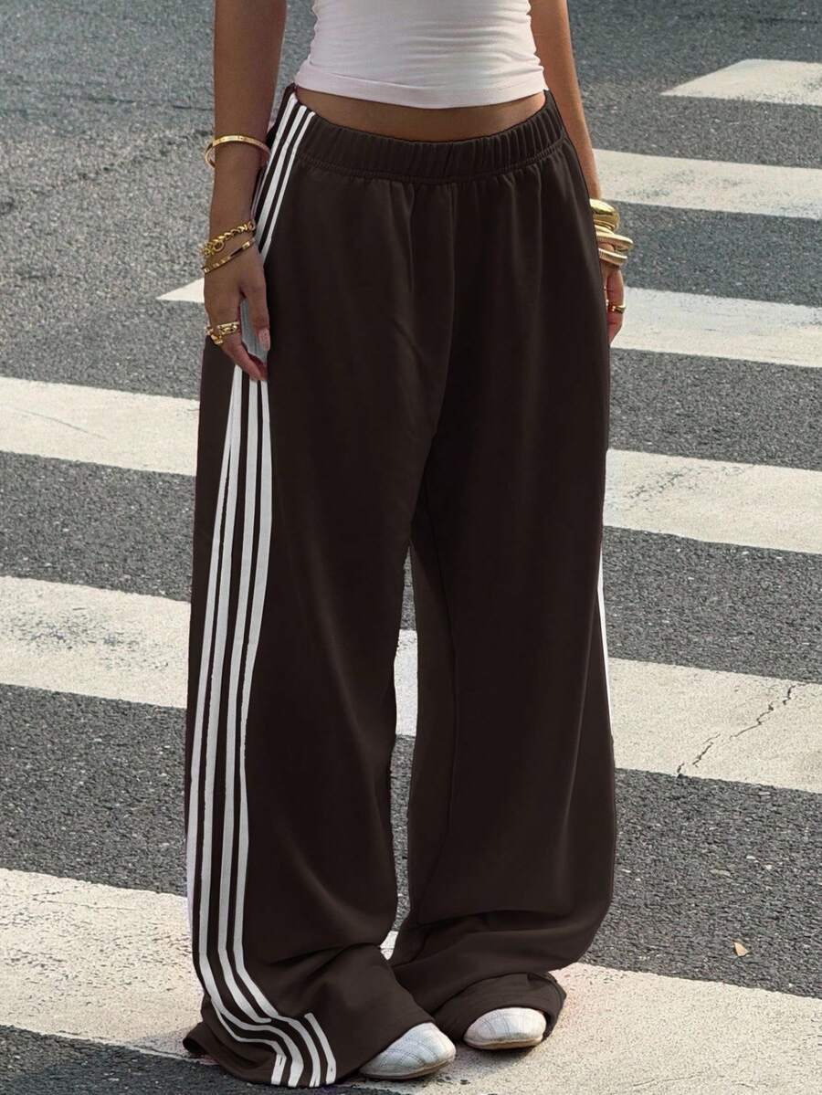 Muchica Women's White Striped Knitted Sweatpants Extra Long Straight Leg Pink Side Stripe Loose Fit Casual Track Pants For Everyday Wear White Beach Pants White Wide Leg Pants Women Wide Pants Wide Leg Summer Pants Palazzo Pants Women White Track Pants Women