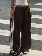 Muchica Women's White Striped Knitted Sweatpants Extra Long Straight Leg Pink Side Stripe Loose Fit Casual Track Pants For Everyday Wear White Beach Pants White Wide Leg Pants Women Wide Pants Wide Leg Summer Pants Palazzo Pants Women White Track Pants Women