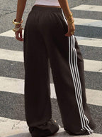 Muchica Women's White Striped Knitted Sweatpants Extra Long Straight Leg Pink Side Stripe Loose Fit Casual Track Pants For Everyday Wear White Beach Pants White Wide Leg Pants Women Wide Pants Wide Leg Summer Pants Palazzo Pants Women White Track Pants Women
