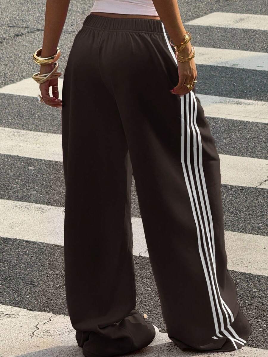 Muchica Women's White Striped Knitted Sweatpants Extra Long Straight Leg Pink Side Stripe Loose Fit Casual Track Pants For Everyday Wear White Beach Pants White Wide Leg Pants Women Wide Pants Wide Leg Summer Pants Palazzo Pants Women White Track Pants Women