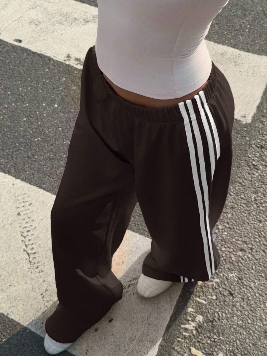Muchica Women's White Striped Knitted Sweatpants Extra Long Straight Leg Pink Side Stripe Loose Fit Casual Track Pants For Everyday Wear White Beach Pants White Wide Leg Pants Women Wide Pants Wide Leg Summer Pants Palazzo Pants Women White Track Pants Women
