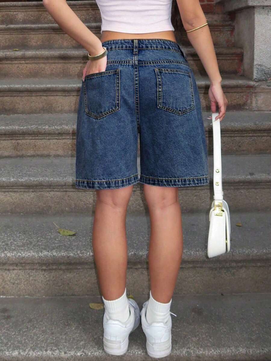 Women's Plain Color Bermuda Denim Shorts, Simple & Fashionable, Suitable For Summer