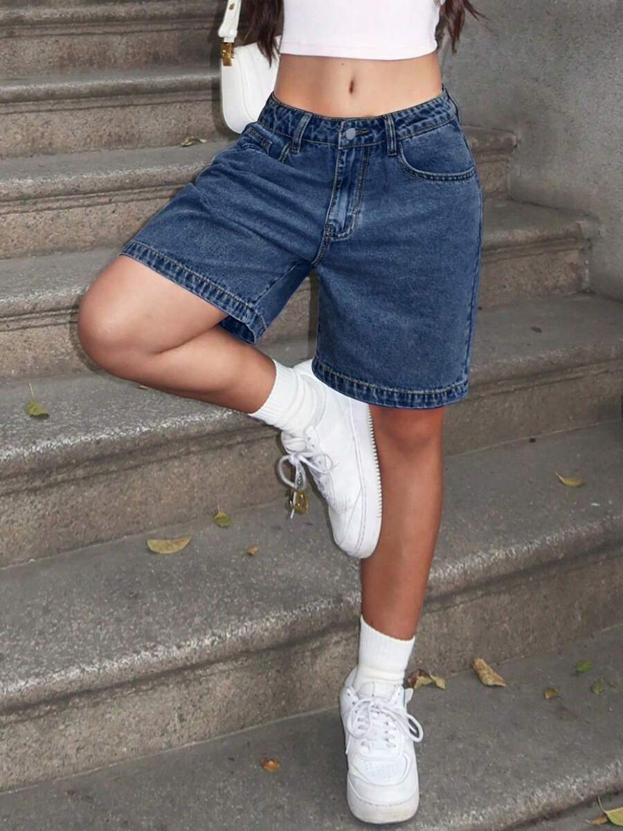 Women's Plain Color Bermuda Denim Shorts, Simple & Fashionable, Suitable For Summer