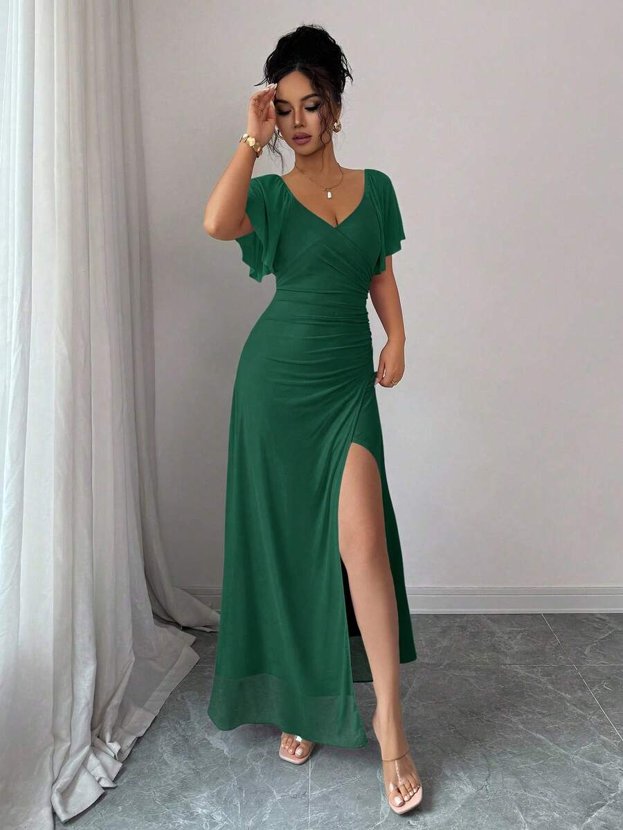 Elenzga Women's Light Purple V-Neck Ruffle Sleeve Pleated Waist Split Dress, Elegant Bridesmaid Dress, Party Gown, Spring/Summer