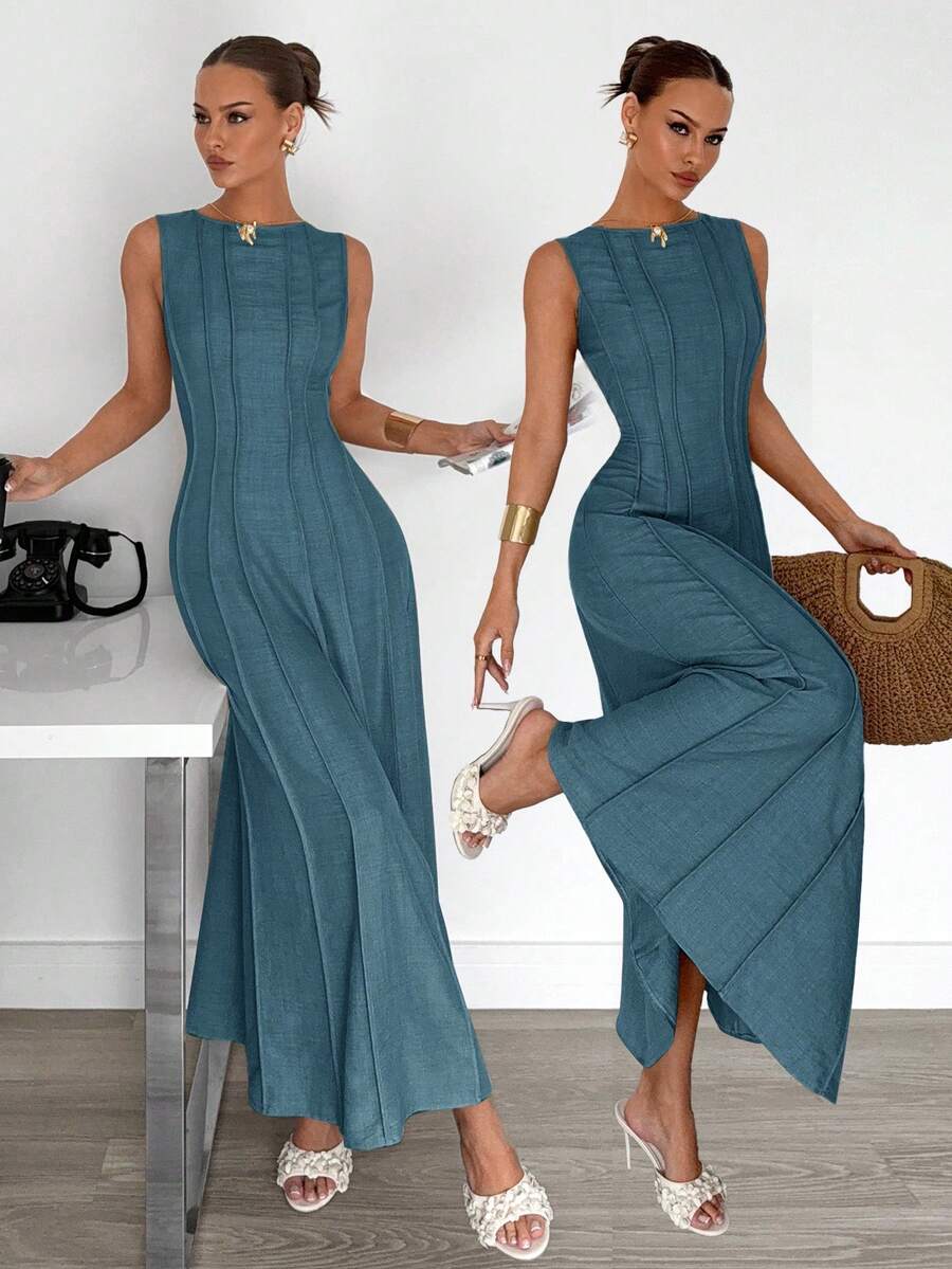 Siren Gaze New  Linen Long Dress For Women, Split Pleated Waist A-Line Dress, Elegant Long Dress, Sun Dresses For Women Holiday Wear, Imitation Linen Flowing Long Dress, Business Casual Women's Wear,Fall Women Clothes Party Summer