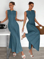 Siren Gaze New  Linen Long Dress For Women, Split Pleated Waist A-Line Dress, Elegant Long Dress, Sun Dresses For Women Holiday Wear, Imitation Linen Flowing Long Dress, Business Casual Women's Wear,Fall Women Clothes Party Summer