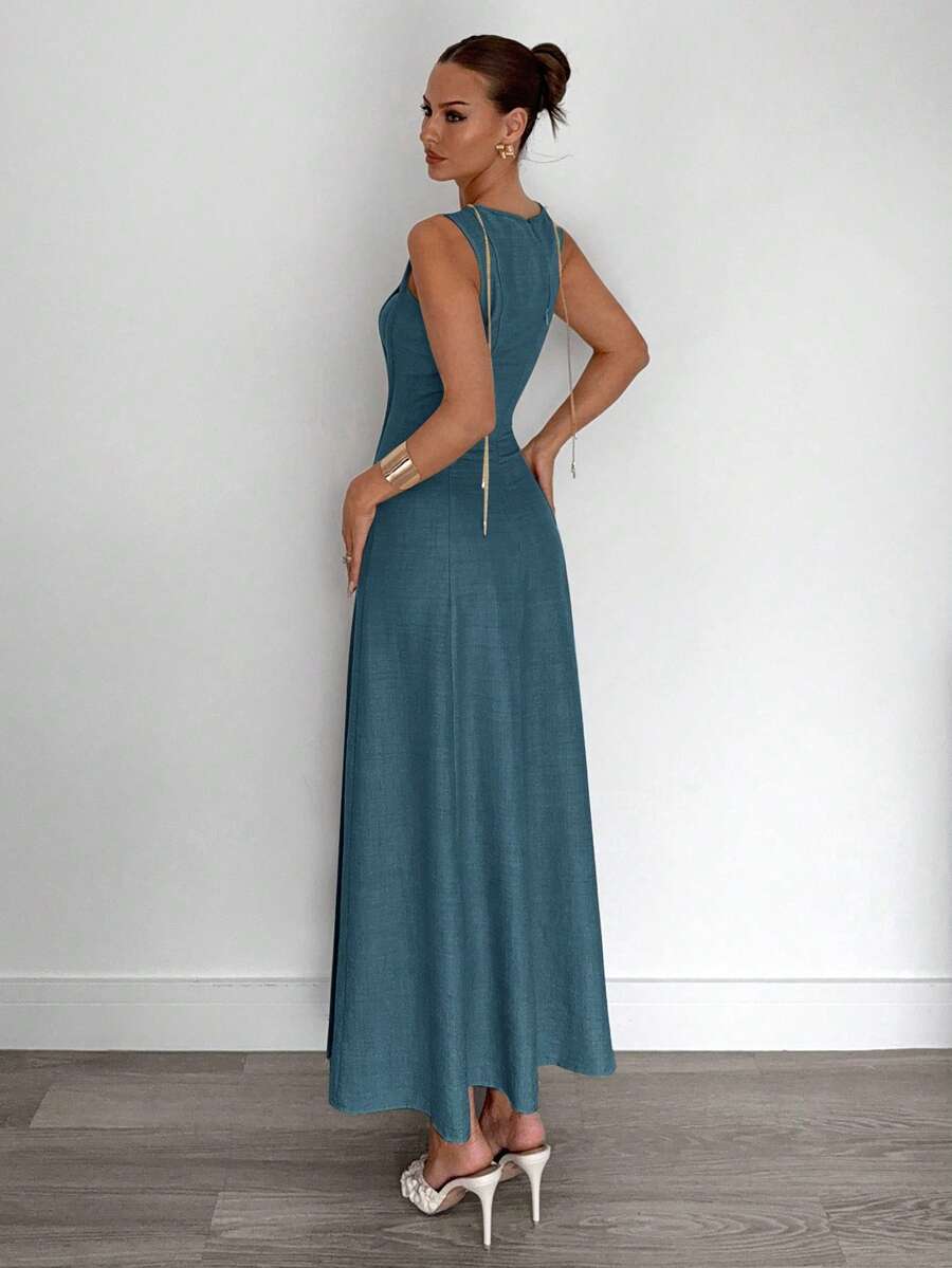 Siren Gaze New  Linen Long Dress For Women, Split Pleated Waist A-Line Dress, Elegant Long Dress, Sun Dresses For Women Holiday Wear, Imitation Linen Flowing Long Dress, Business Casual Women's Wear,Fall Women Clothes Party Summer