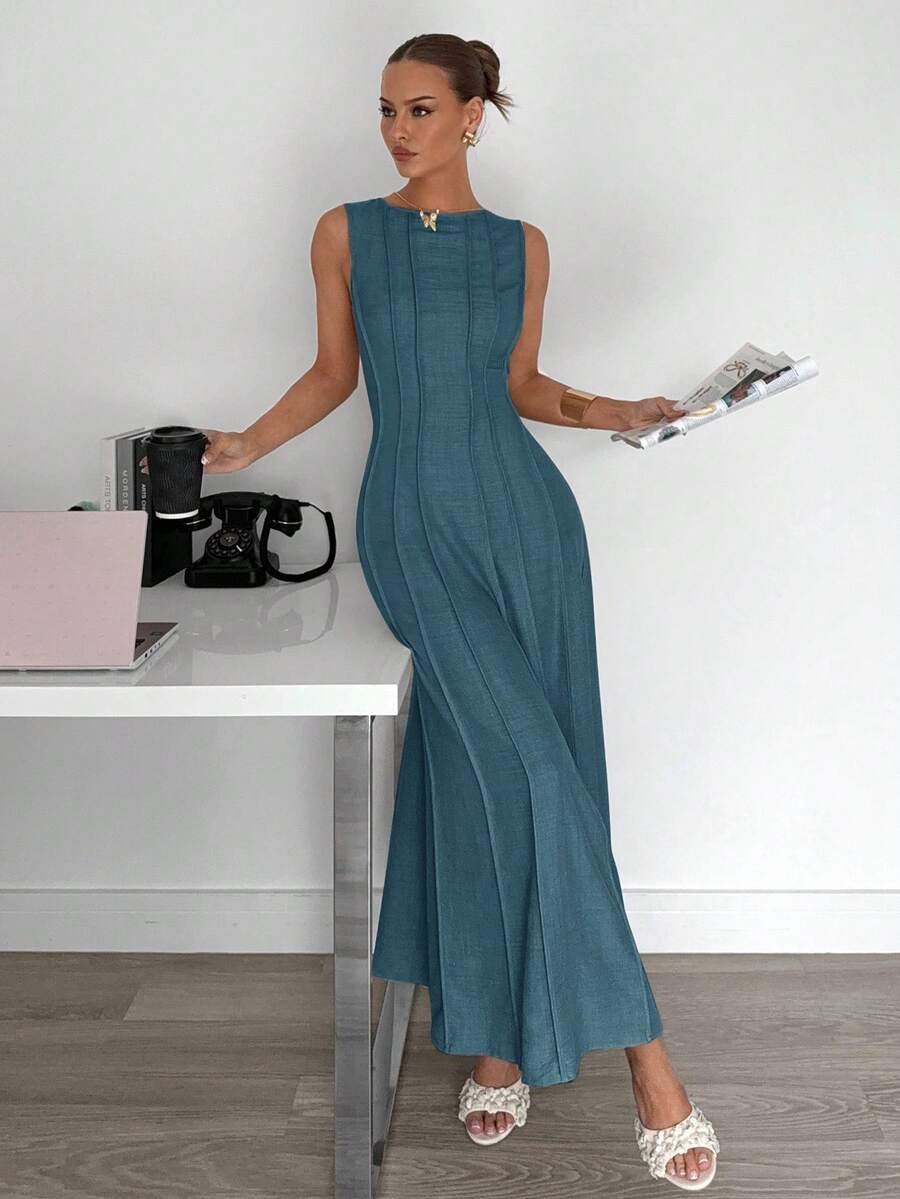 Siren Gaze New  Linen Long Dress For Women, Split Pleated Waist A-Line Dress, Elegant Long Dress, Sun Dresses For Women Holiday Wear, Imitation Linen Flowing Long Dress, Business Casual Women's Wear,Fall Women Clothes Party Summer