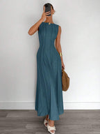 Siren Gaze New  Linen Long Dress For Women, Split Pleated Waist A-Line Dress, Elegant Long Dress, Sun Dresses For Women Holiday Wear, Imitation Linen Flowing Long Dress, Business Casual Women's Wear,Fall Women Clothes Party Summer