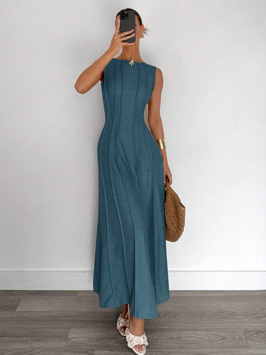 Siren Gaze New  Linen Long Dress For Women, Split Pleated Waist A-Line Dress, Elegant Long Dress, Sun Dresses For Women Holiday Wear, Imitation Linen Flowing Long Dress, Business Casual Women's Wear,Fall Women Clothes Party Summer