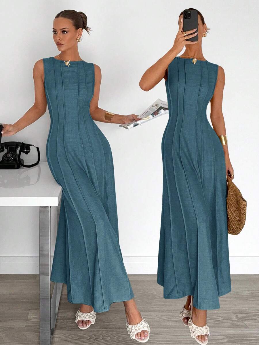 Siren Gaze New  Linen Long Dress For Women, Split Pleated Waist A-Line Dress, Elegant Long Dress, Sun Dresses For Women Holiday Wear, Imitation Linen Flowing Long Dress, Business Casual Women's Wear,Fall Women Clothes Party Summer