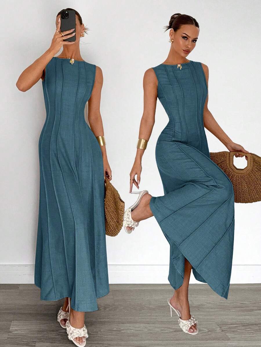 Siren Gaze New  Linen Long Dress For Women, Split Pleated Waist A-Line Dress, Elegant Long Dress, Sun Dresses For Women Holiday Wear, Imitation Linen Flowing Long Dress, Business Casual Women's Wear,Fall Women Clothes Party Summer